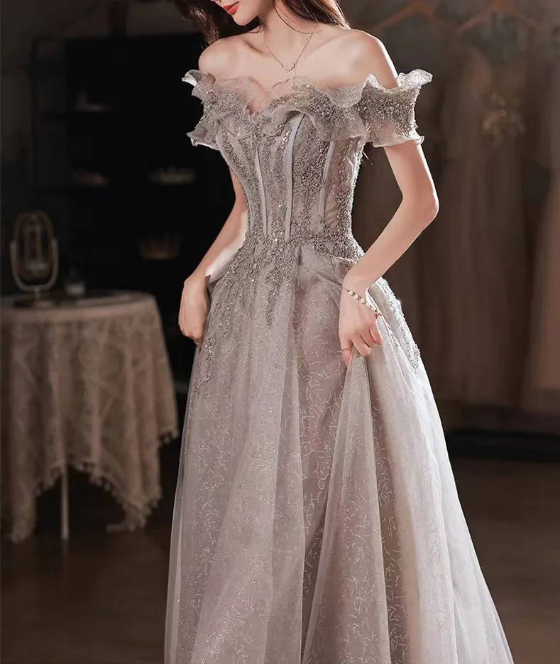 Elegant Gray Flowers Evening dress Off Shoulder Shiny Sequin Lace A-line Ruched Lace up Woman Formal Party Prom Gowns 2024 New