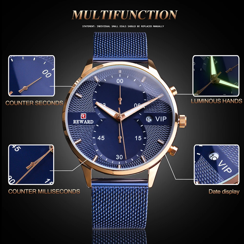 Blue Watch Men Chronos Luxury Quartz Movement Classic Waterproof REWARD Watch for Business Stainless Steel Strap Relogio