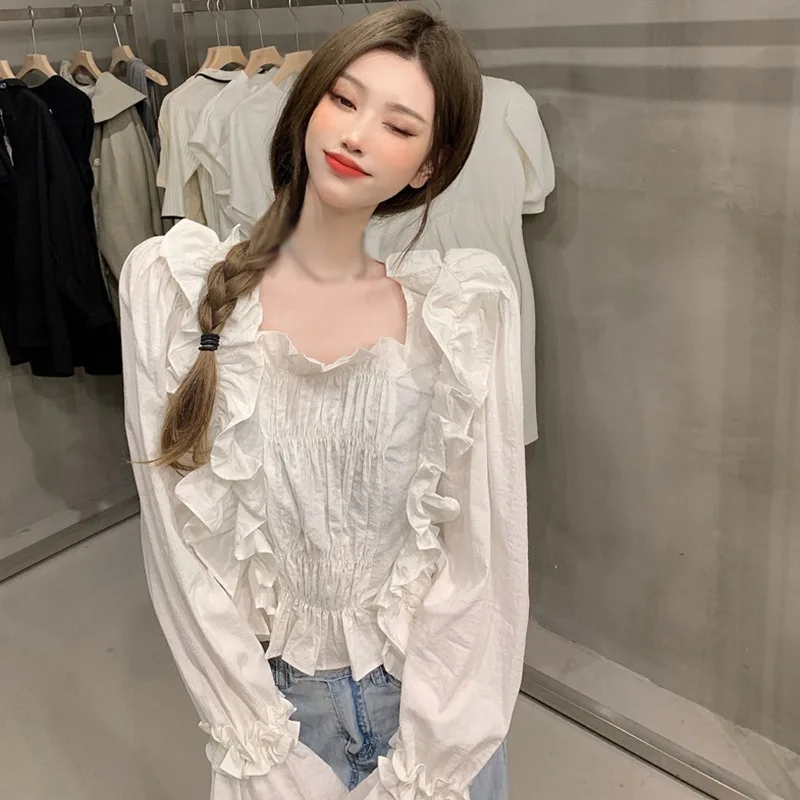 Pleated Blouse For Women Autumn Solid Fresh Thin Causal Flare Sleeve Square Neck Long Sleeve Women  Basic Loose Top Blouses