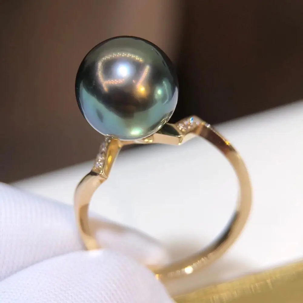 D1010 Perla Anello Gioielleria Raffinata Solido 18K ORO Rotondo 10-11mm naturale di Acqua di Mare Perle di Tahiti Anelli Per le donne Belle Regali