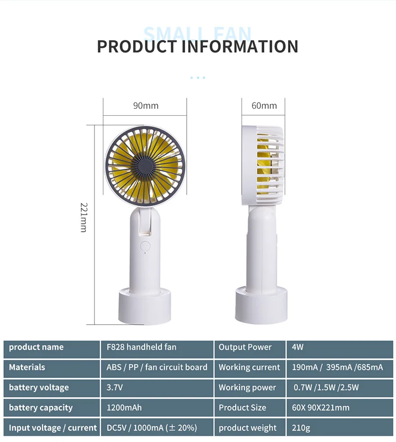 Portable Mini Fan Handheld Air Cooler 3 Speed Adjustable USB Rechargeable Small Fan for Home Office