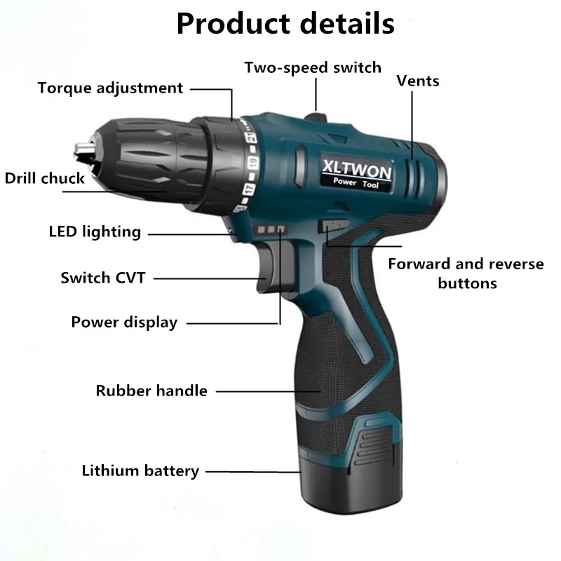 XLTOWN 16.8V/25V Cordless Electric Drill Rechargeable Lithium Battery Household Multifunction Electric Screwdriver