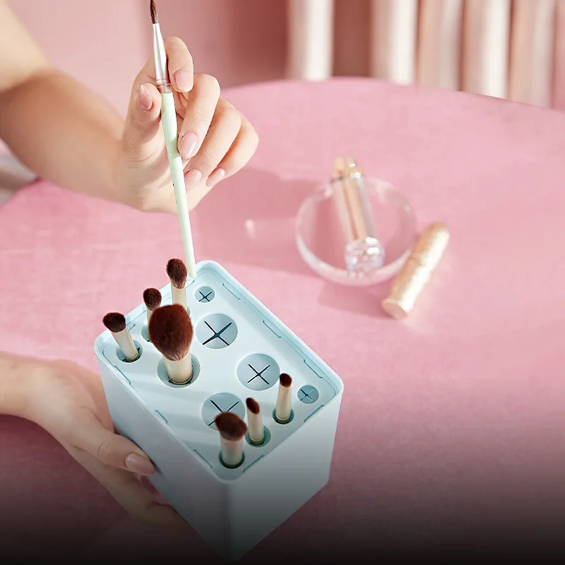 2 في 1 البلاستيك فرشاة للمكياج صندوق تخزين تجفيف الرف المنظم الغبار التجميل دلو أحمر الشفاه فرشاة حامل الجدول ماكياج أداة #4