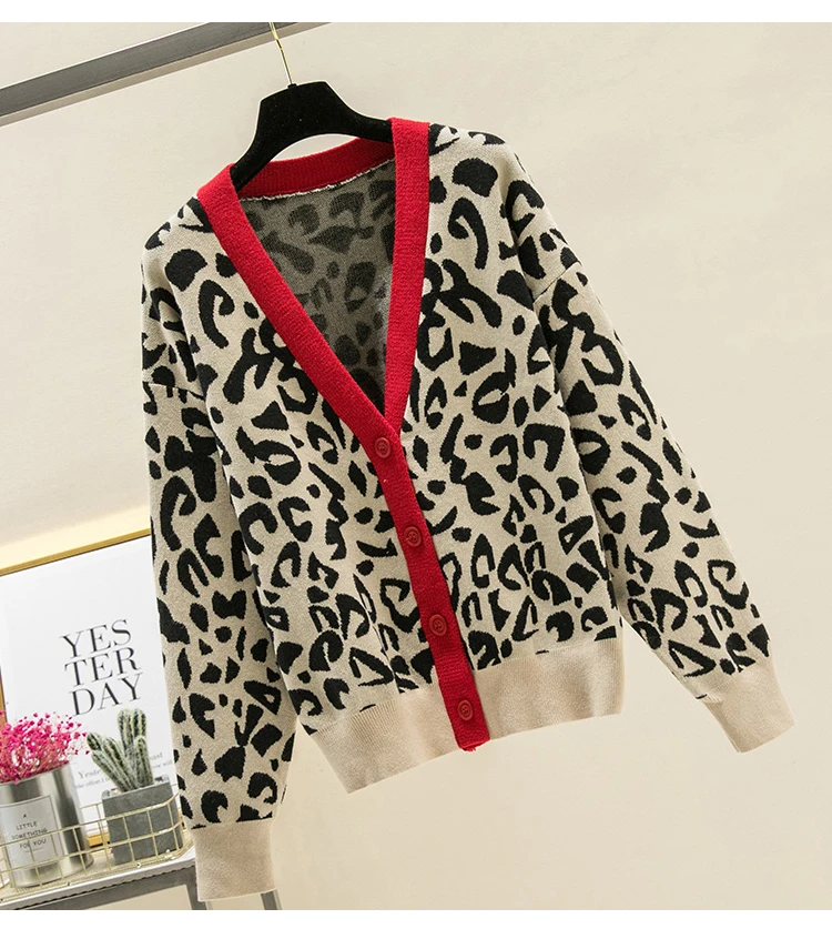 2024 New Autumn And Winter Women\'s Knitted Leopard Print Cardigans Ladies Single-Breasted Sweater Red Jumper Female Clothing