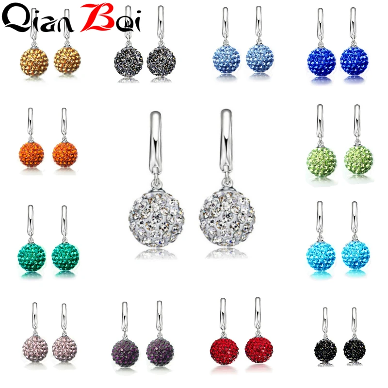 QianBei Hot Sale Multi Color 1 Pair Real Pure 925 Sterling Silver Austrian Pave Disco Ball Hoop Lever Back Earring Woman Jewelry