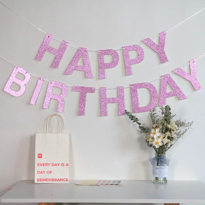 Happy Birthday Banners Glitter Paper Garland Flags Banners Party Decoration Baby Shower Photo Booth Hanging Decorations Supplies