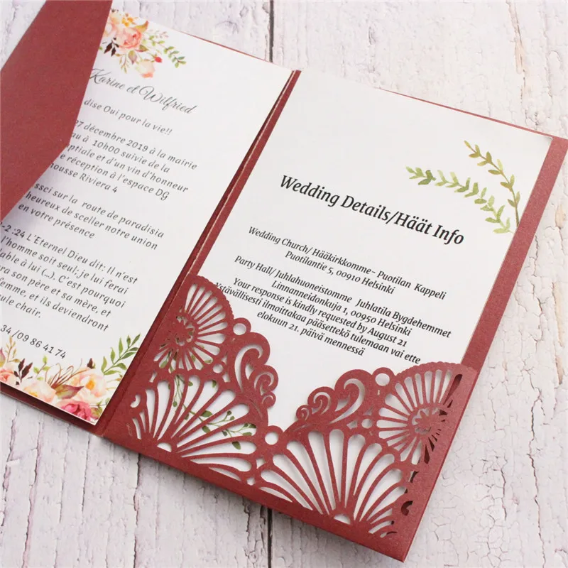 Burgundy wedding invitation card umbrella-type design birthday baptism gift cards custom printing multi colors.