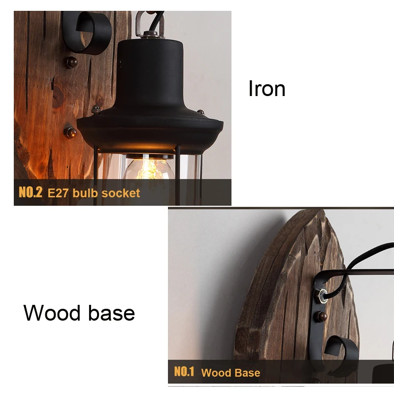 Antique Vintage Wall Light Wood Light Glass Wall Lamp Restaurant Cafe Light Bar Corridor Bedroom Bedside Lamp Sconce E27 Bra