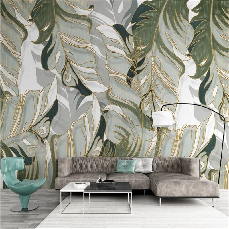 Customized wallpaper Nordic hand-painted tropical plant leaves light and luxurious lines living room TV background wall mural