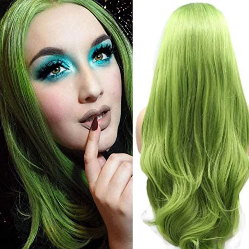 Kanekalon Ombre Green Lace Front Wigs for Women Synthetic Long Wavy Lace Wig Free Part Guleless Heat Resistant Fiber Hair 24 In