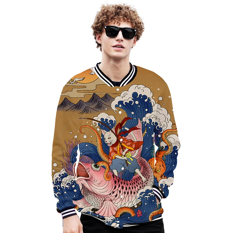 

Japanese Print Ukiyoe Cat Fishing 3d Baseball Jacket Coat Men Women Hoodie Sweatshirts Tops Long Sleeve Harajuku Hoodies Jackets