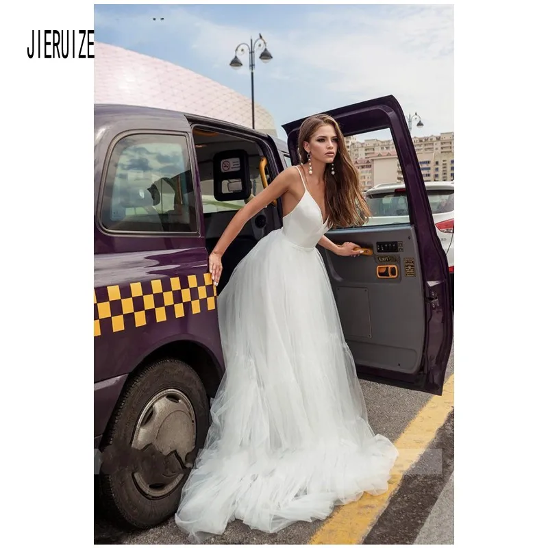 JIERUIZE New Sexy Spaghetti Straps Tulle Wedding Dresses Backless With Silk ribbon Long Boho Wedding Gowns Bridal Gowns