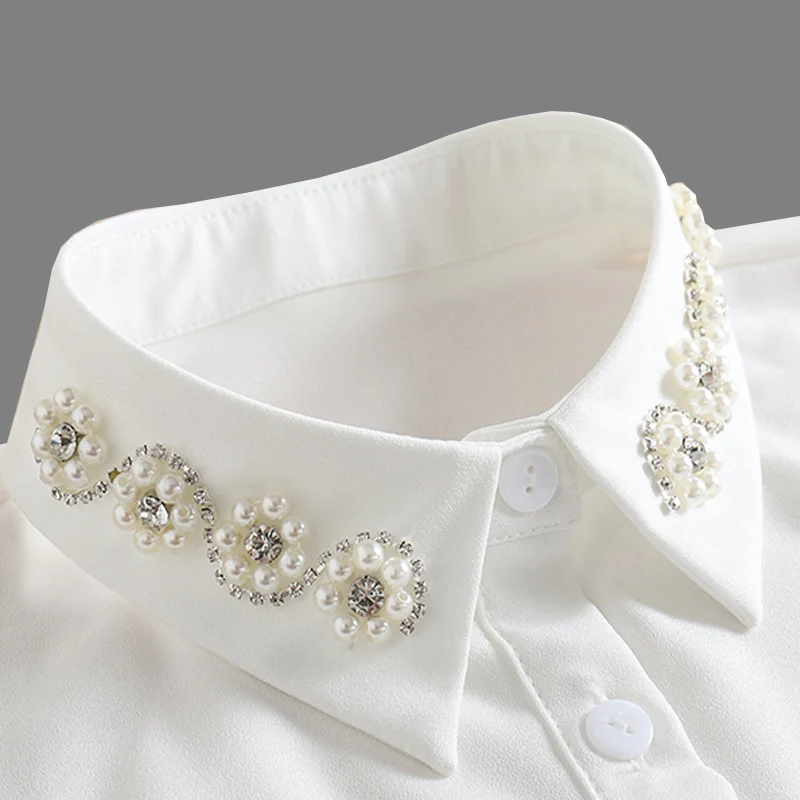 Pearl Detachable Collar Women Crystal Diamond Chiffon Shirt False Fake Collar Women Removable Peto Mujer Chemisier Faux Cols Tie