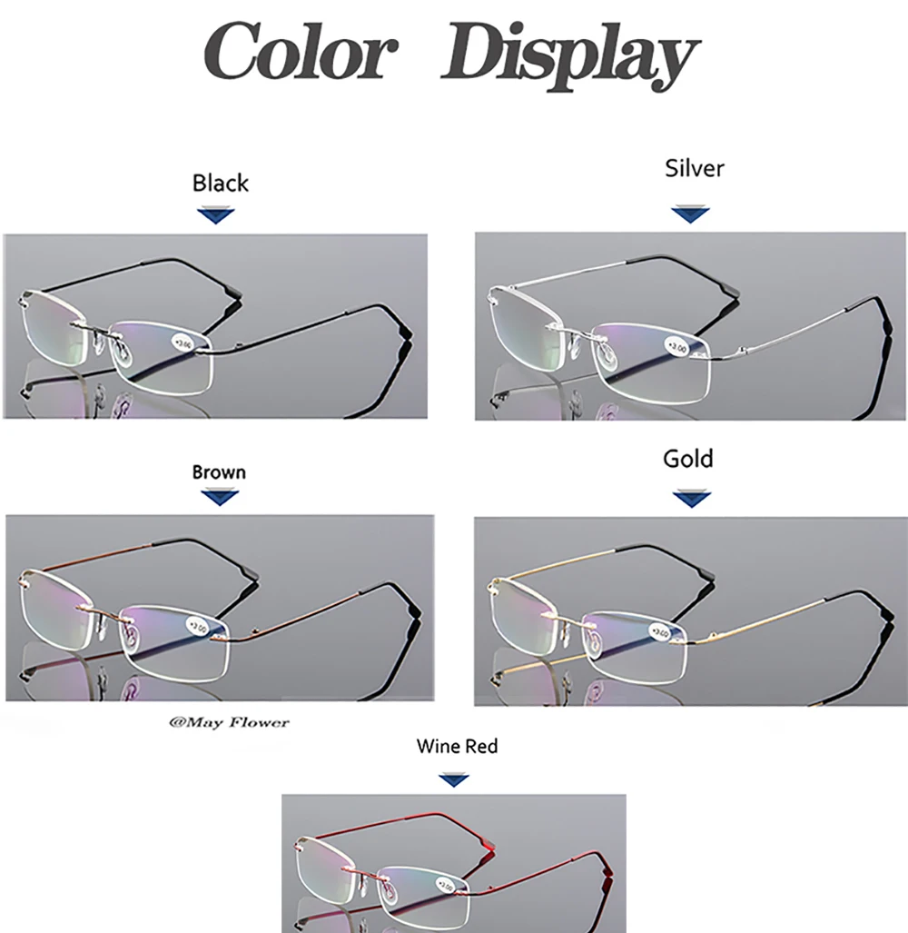 Randlose Lesebrille aus Titanlegierung, ultraleicht, quadratisch, flexibel, Presbyopie-Brille, Anti-Blue-Ray-Brille, Unisex – Detail 3