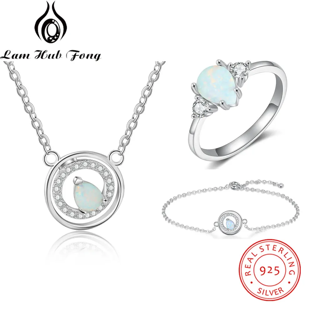 925 Sterling Silver Jewelry Sets Water Drop Opal Stone Rings Pendant Necklaces Bracelet Cubic Zircon Jewelry Sets (Lam Hub Fong)