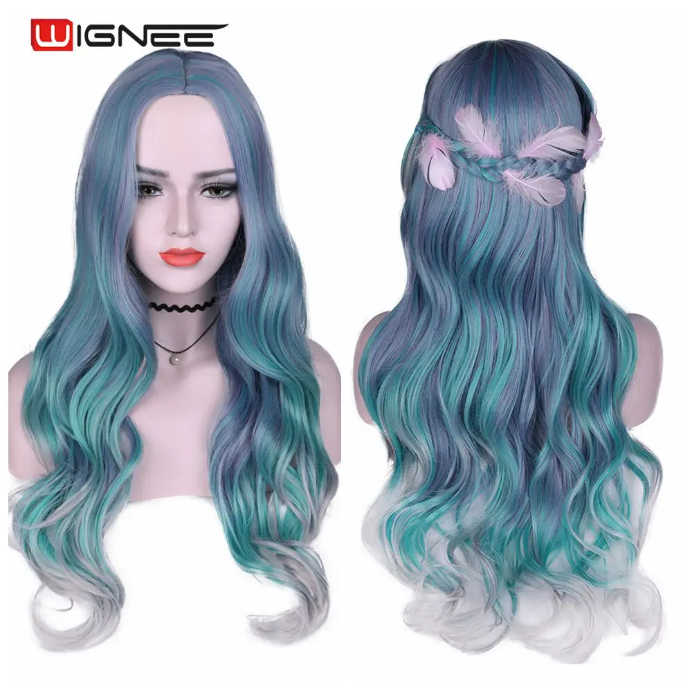 Wignee Long Wavy Synthetic Wigs Heat Resistant Middle Part Mix Blue Cosplay Hair For Women African American Natural Party Wigs