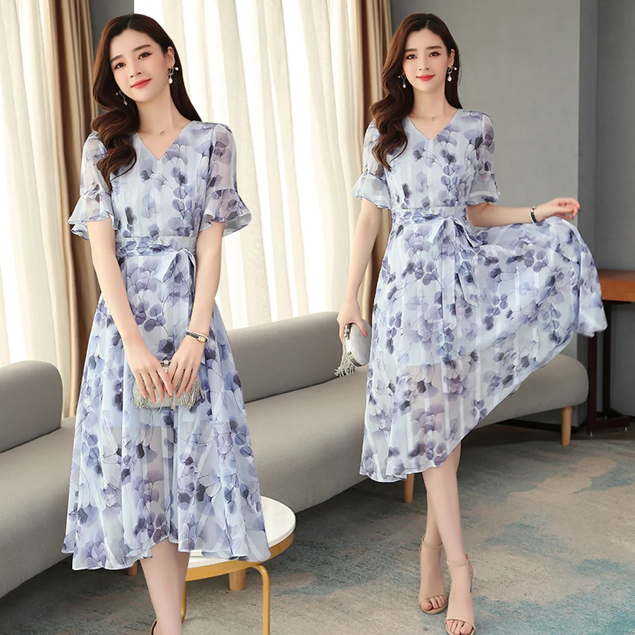 

2022 Vintage Blue Floral Chiffon Sweet Midi Dress Spring Summer New Casual Runway Dress Elegant Women Bodycon Party Prom Vestido