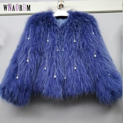 Length 50 cm women knitted real fox fur overcoat  new fashion stlye female coat Raccoon fur Hand woven coat beads detachable