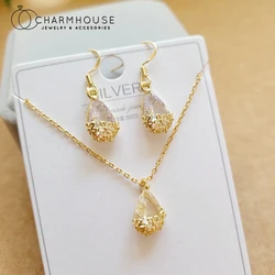 18K Gold Color Jewelry Sets For Women Waterdrop Zirconia Pendant Necklace Earrings 2 pcs Rhinestone Jewellery Set Party Gifts