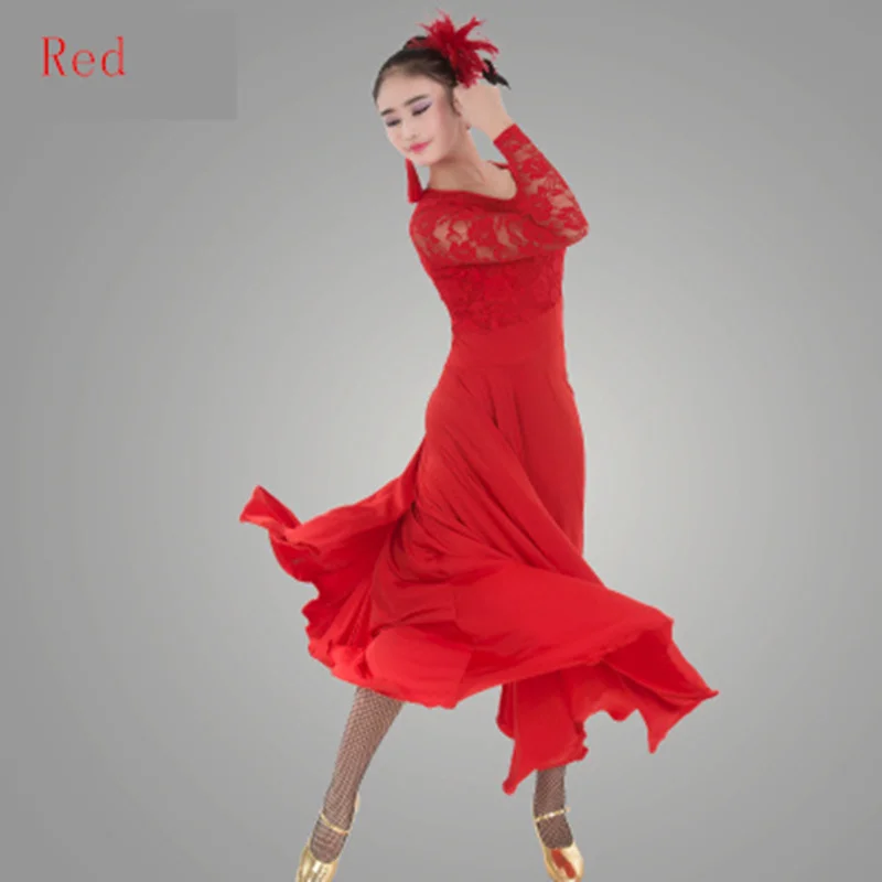 Robes de danse de salon standard pour femmes, manches en dentelle, jupe flamenco, robe de valse de scène bon marché, haute qualité, 2021