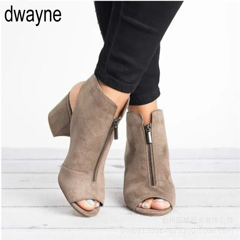 Fashion Ankle Boots Faux Suede Size 36-42 Leather Casual Open Peep Toe High Heels Zipper Square Rubber Black Women Shoes 2019