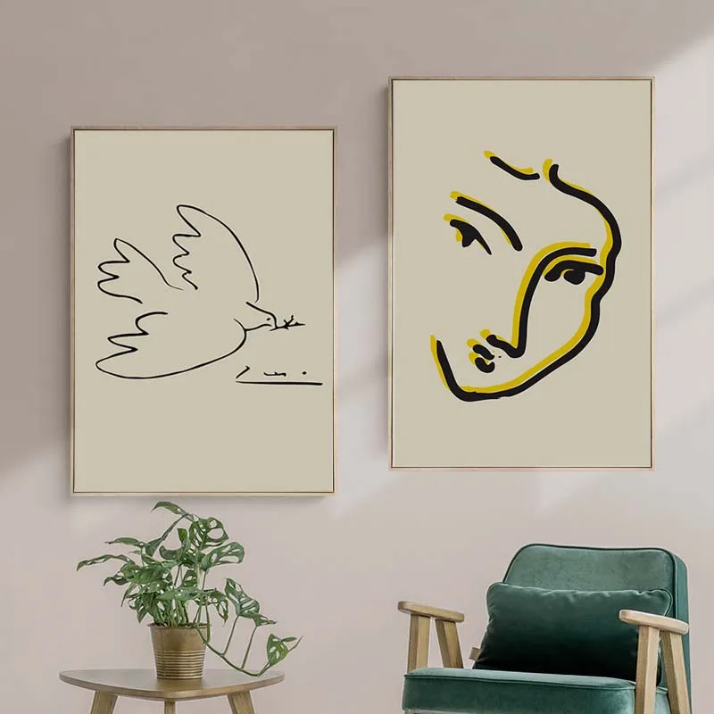 Abstract Lady Line Drawing Picture Matisse Minimalist Figure Peace Dove Canvas Painting Wall Art Poster for Living Room Decor
