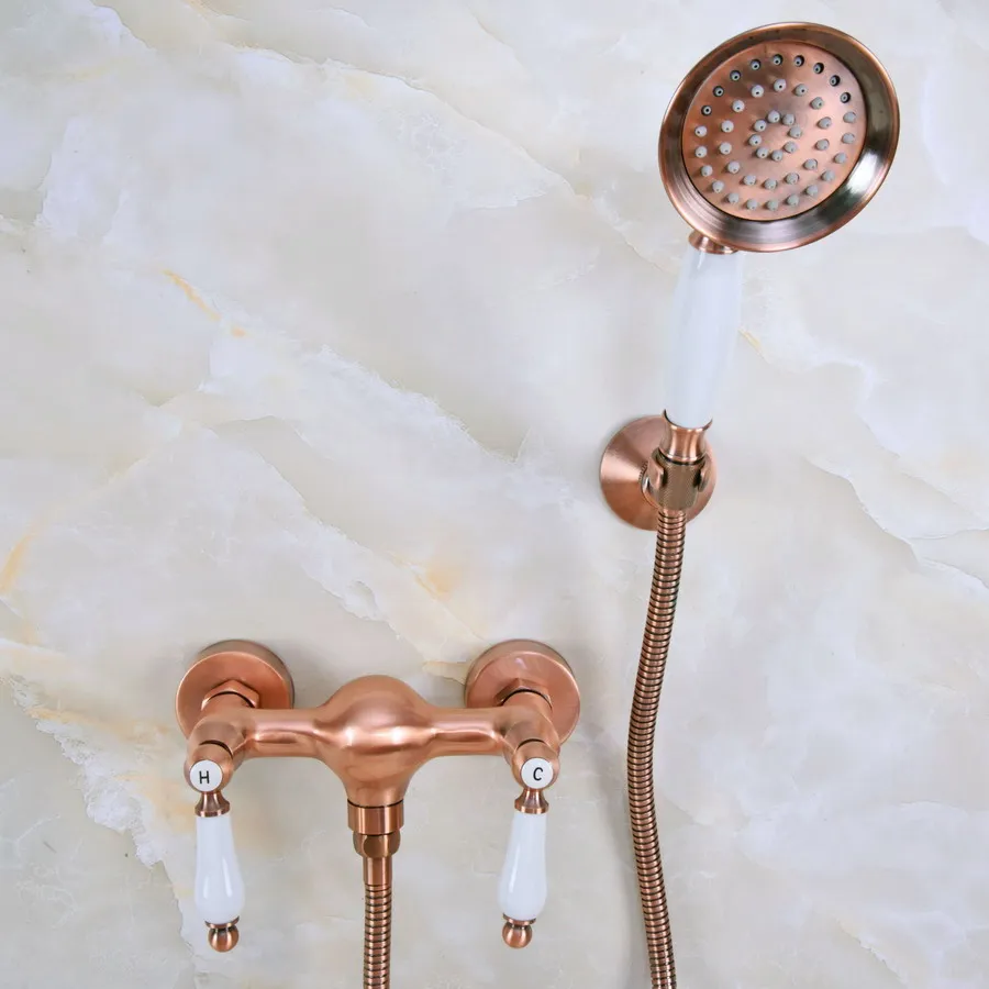 

Antique Red Copper Brass Dual Ceramic Levers Handles Wall Mounted Bathroom Hand Held Shower Head Faucet Set Mixer Tap ana298