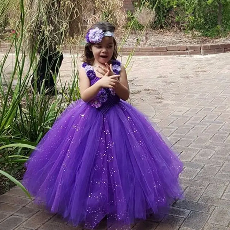 

Purple Flower Girls Wedding Dresses Toddler Girl Christmas Outfits Big Girls Clothes Flower Birthday Party Tutu Dresses
