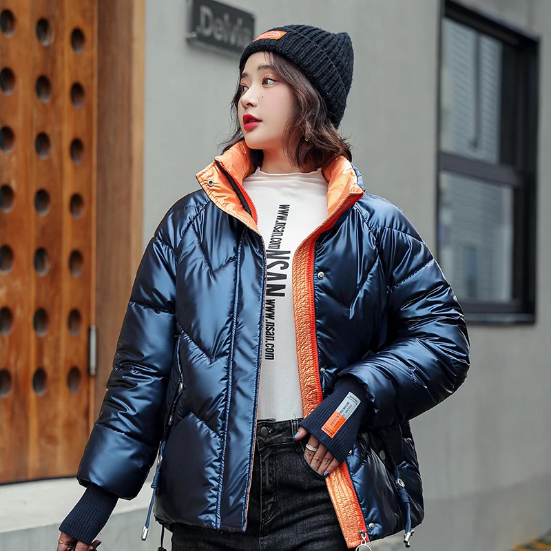 

Plus Size Solid Casual Women Cotton Padded Jacket Ladies Stand Collar Glossy Warm Coat Thick Puffer Cotton Female Short Parkas