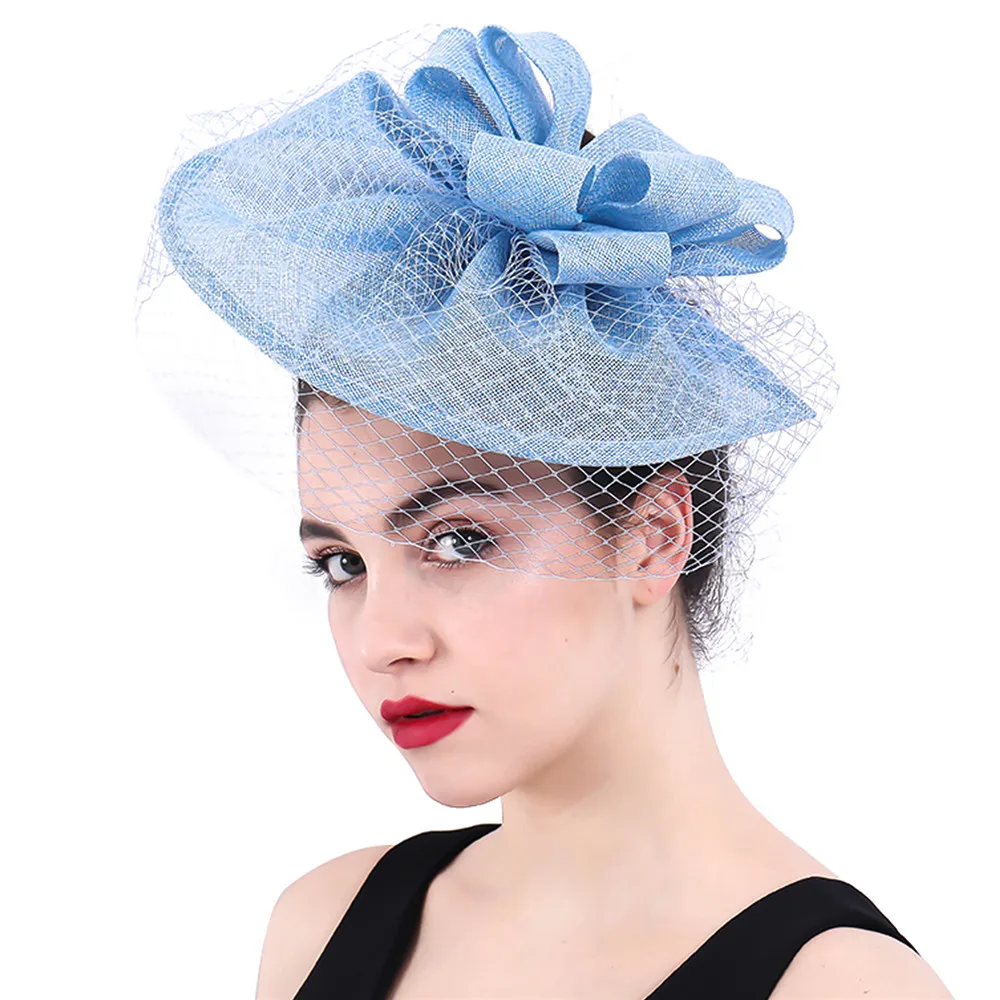 Light Blue Hair Fascinators Hat Derby Royal Headwear Veils With Loops Hair Accessories Hair Clips Women Ladies Wedding Headdress