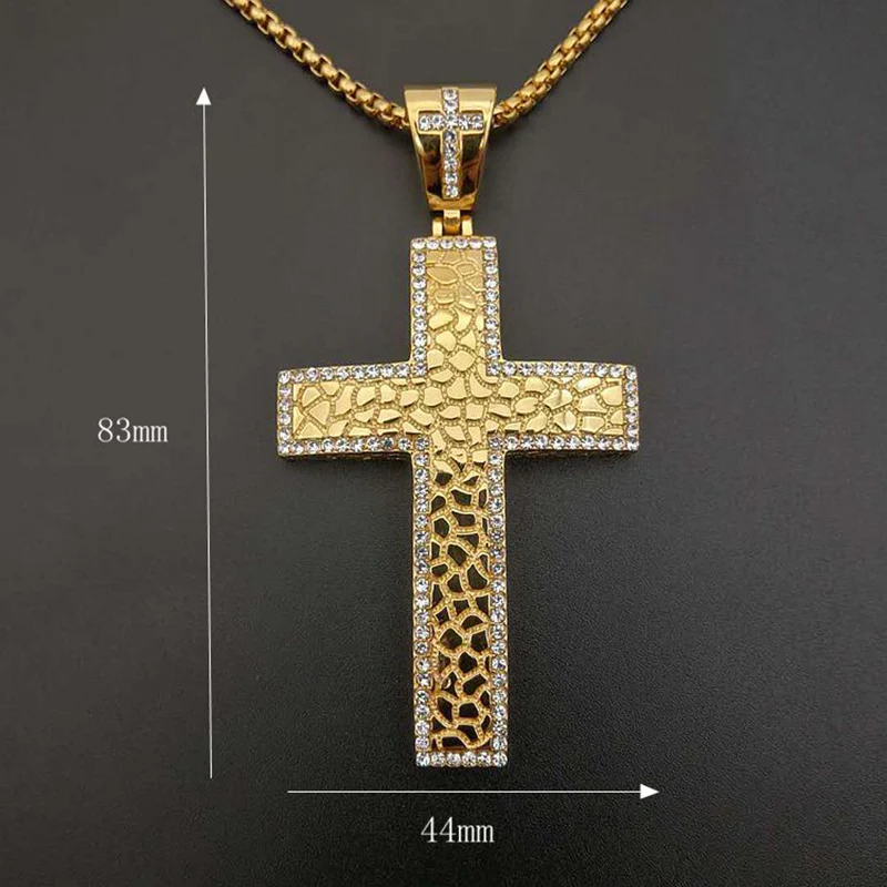 Hip Hop Bling Iced Out Gold Color Stainless Steel Big Cross Pendants Necklaces for Men Rapper Jewelry Drop Shipping