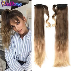 DinDong Synthetic Ponytail Extensions  24 inch  Clip in Drawstring Ponytail Hairpieces for Women Ombre Brown Pony Tail Blonde
