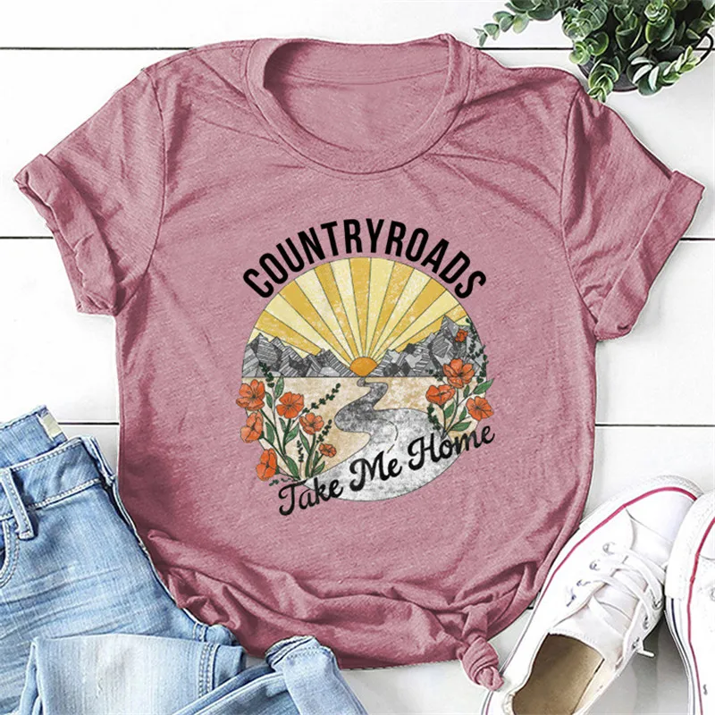 

Women's Vintage Harajuku t-Shirts Country Roads Take Me Home Sunshine Graphic Tops Crewneck Short Sleeve Tees Shirt