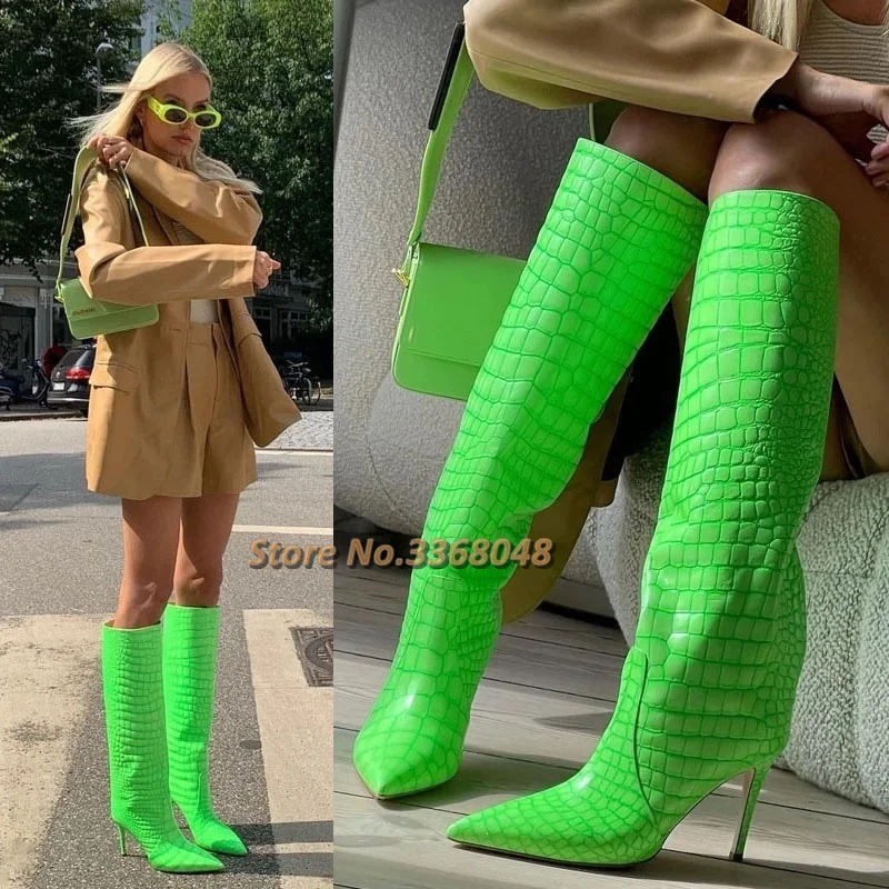 

Green Knee High Boots Crocodile Pattern Fashion European Custom Made Dress Women Runway Boots Stiletto High Heel Pointy Toe Boot