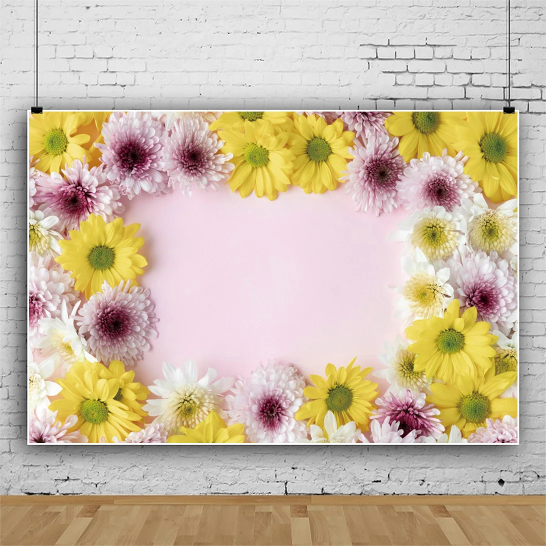 Laeacco Yellow Small Daisy Flower Pink Background For Photography Customized Banner Photocall Toy Photo Backdrop For Photostudio