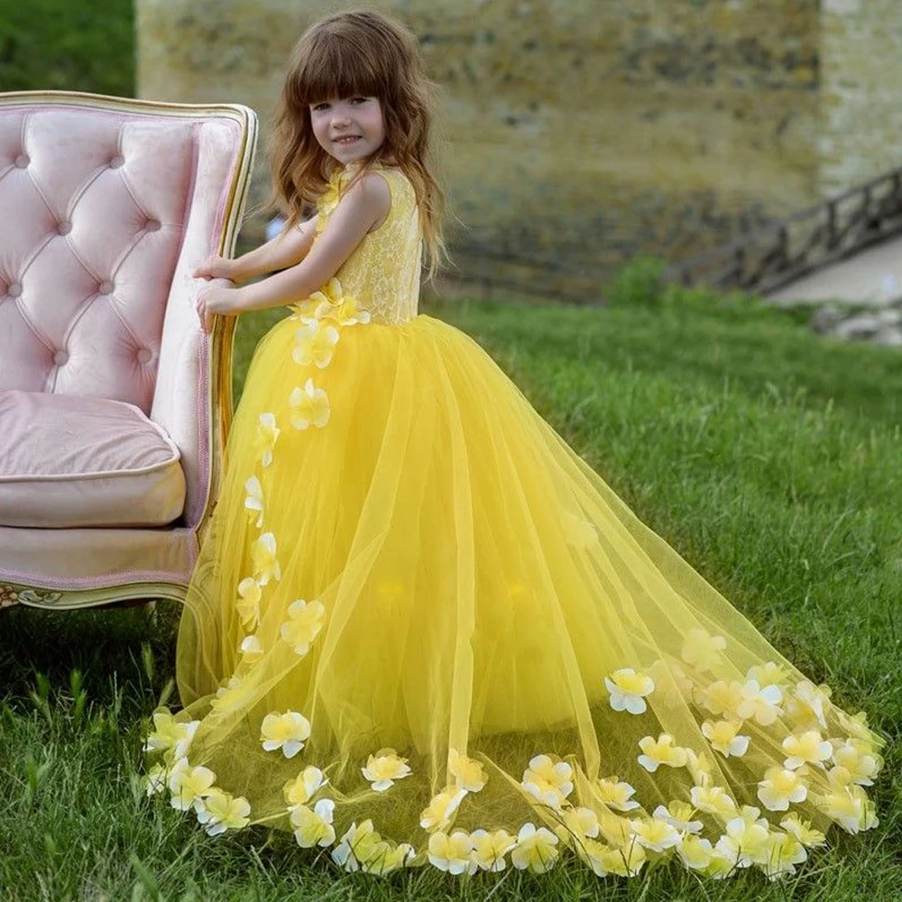 Vestidos bonitos de flores para niñas, apliques de tul, Bateau amarillo sin mangas con cremallera, Vestidos de baile para fiesta de noche de 3 a 7 años