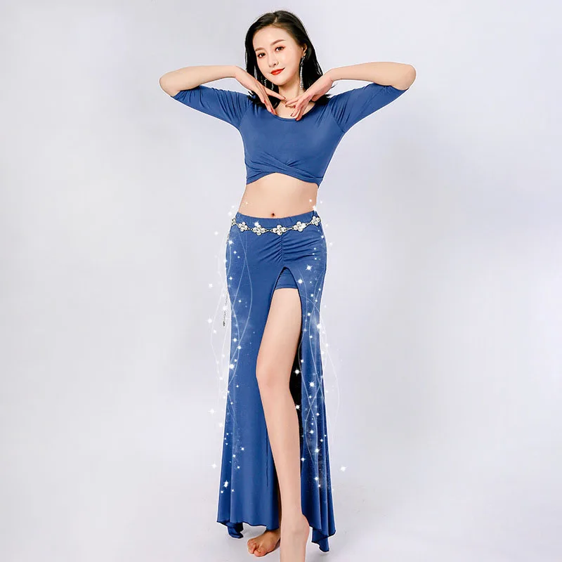 New Women Sexy Fashion Bellydance Oriental Costumes Set Top Skirts Split Practice Clothes Top Skirt Professional Belly Dance