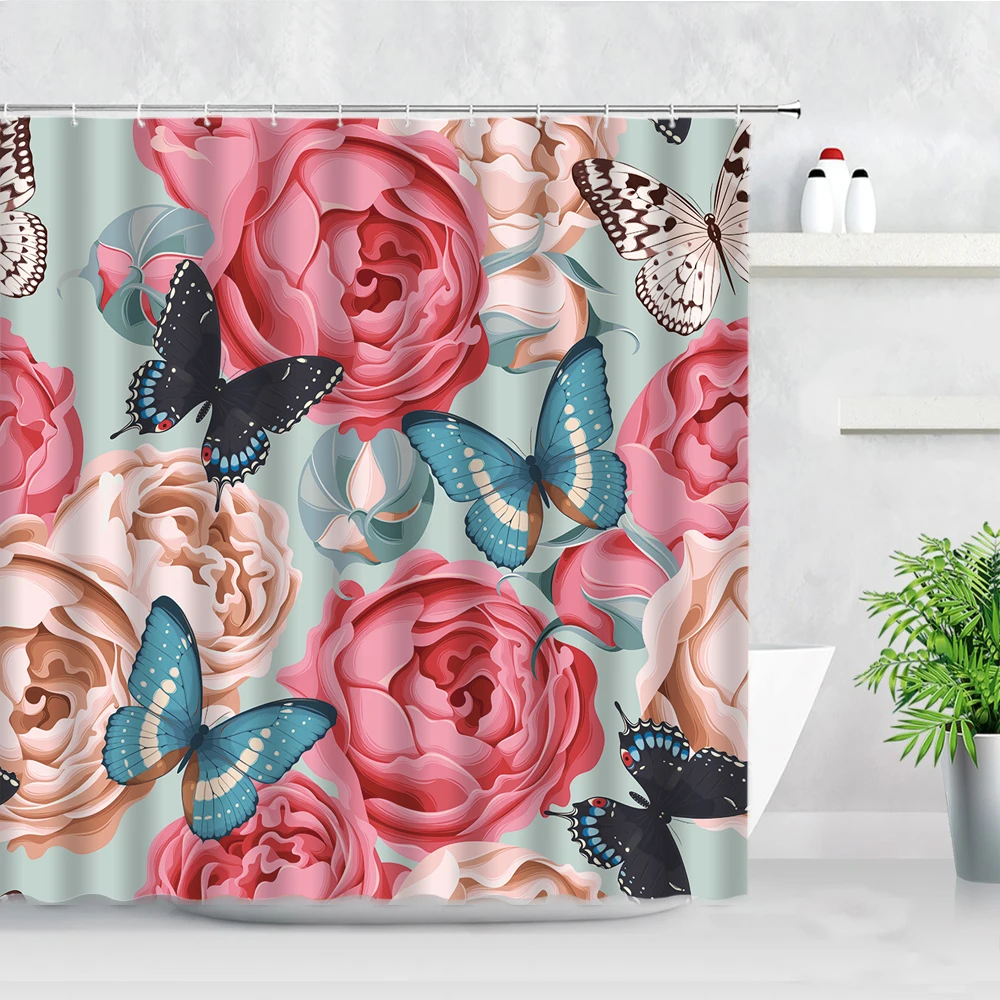 3D Pink Floral Shower Curtain Set Peony Rose Flowers Butterfly Pattern Natural Waterproof Fabric Bathroom Decor Bath Curtains