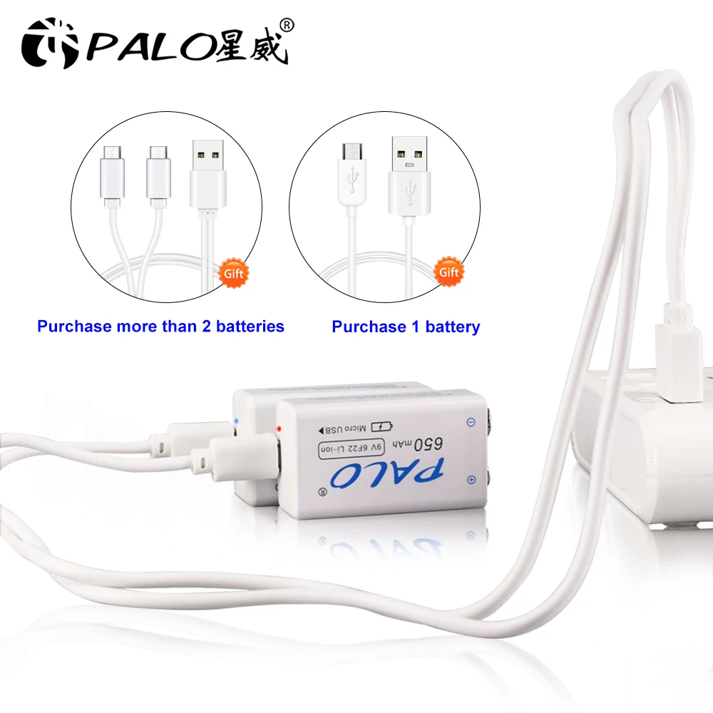 PALO 9V USB Lithium Battery 650mAh 6F22 Li-Ion Rechargeable Batteria 9 Volts for Toys Massagers Multimeters Guitar