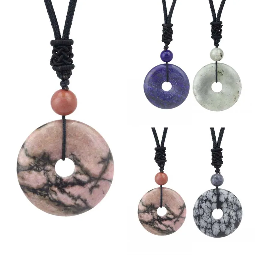 30mm Circle Donut Crystal Quartz Necklace For Women Men Natural Amethyst Stone Amulet Lucky Coin Donuts Pendant Adjustable Rope