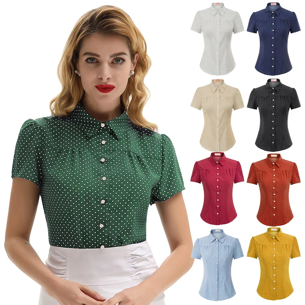 Belle Poque Shirt Women Retro Polka Dots Short Sleeve Blouse Turn-down Collar Curved Hem Shirt Summer Clothes New Fashion Ladies