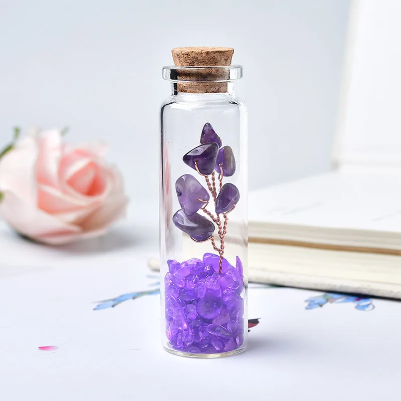 Natural Crystal Glass Wishing Bottle Lucky Tree Healing Stone Natural Polished Stones Lucky Drifting Bottle Birthday Gifts