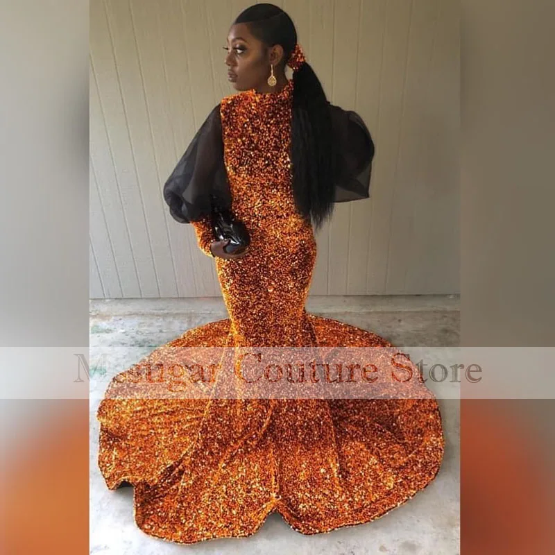 2021 Aso Ebi abiti da ballo a sirena con paillettes Illusion maniche lunghe Backless abiti da festa informali abito da sera africano