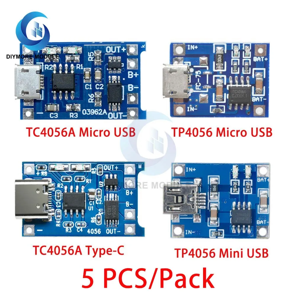5 PCS 5V 1A 18650 Lithium Li-ion Battery Battery Charger Module Micro USB/Type-C TC4056A/TP4056 Protection Board Power Supply