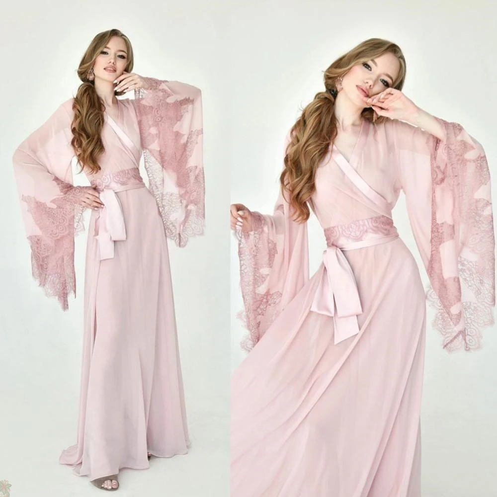 

Chinese Style Nightgown Ladies Silk Long Sleeve Lace Trim Nightwear Sexy Beautiful Party Evening Housewear Sleepwear