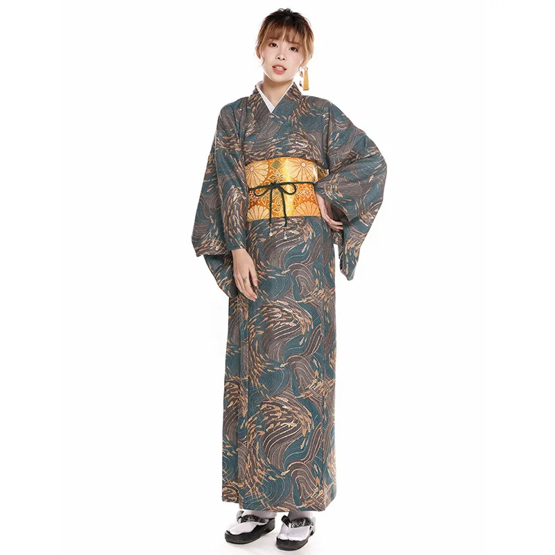 

Traditional Japanese Kimono Femme with Obi Belts Bronzing Printed Bath Robe Vintage Yukata Women Geisha Kimono