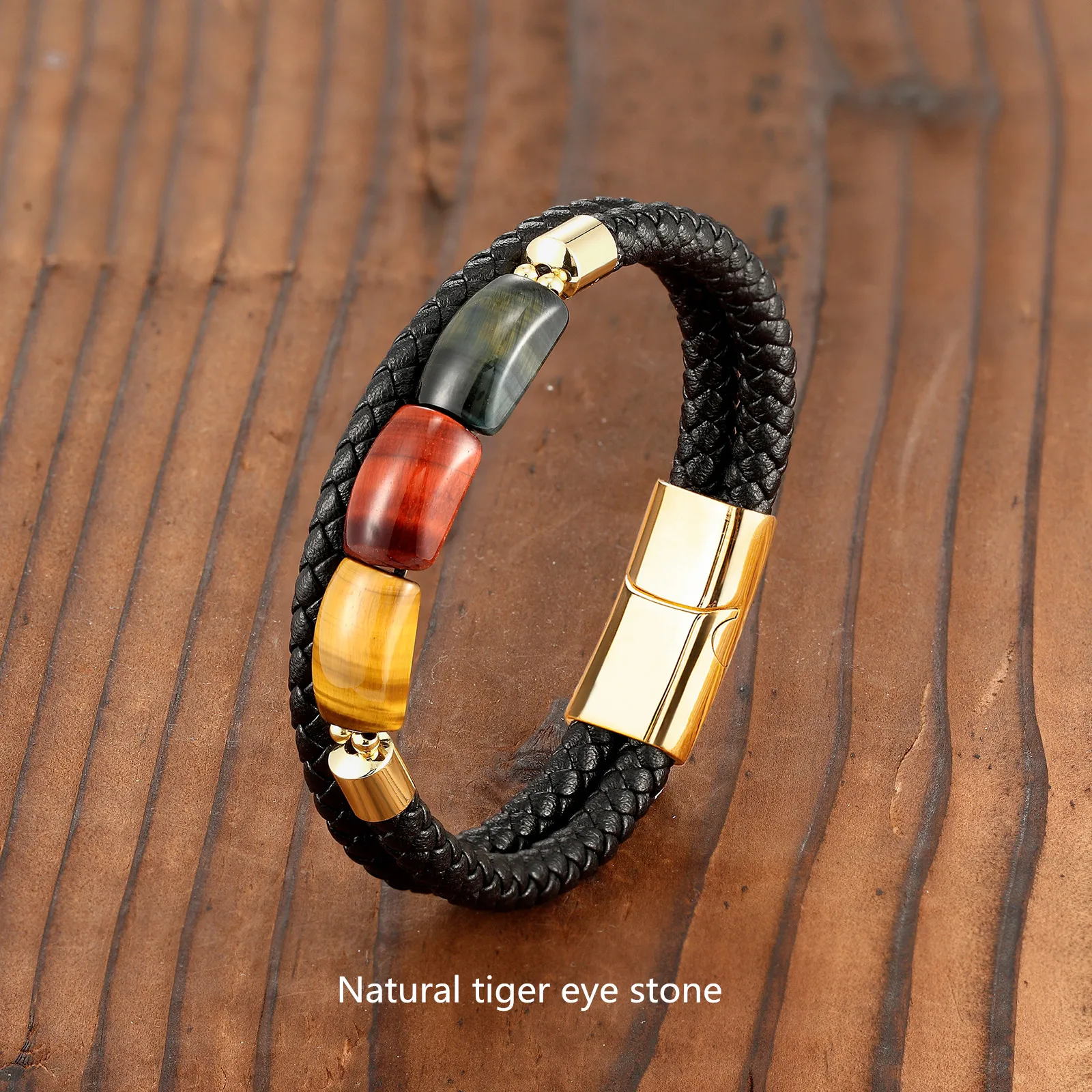 Moon Shape 100% Natural Tiger Eye Stone Vintage Jewelry Leather Rope Charm Bracelet 316L Stainless Steel Unisex Bracelet