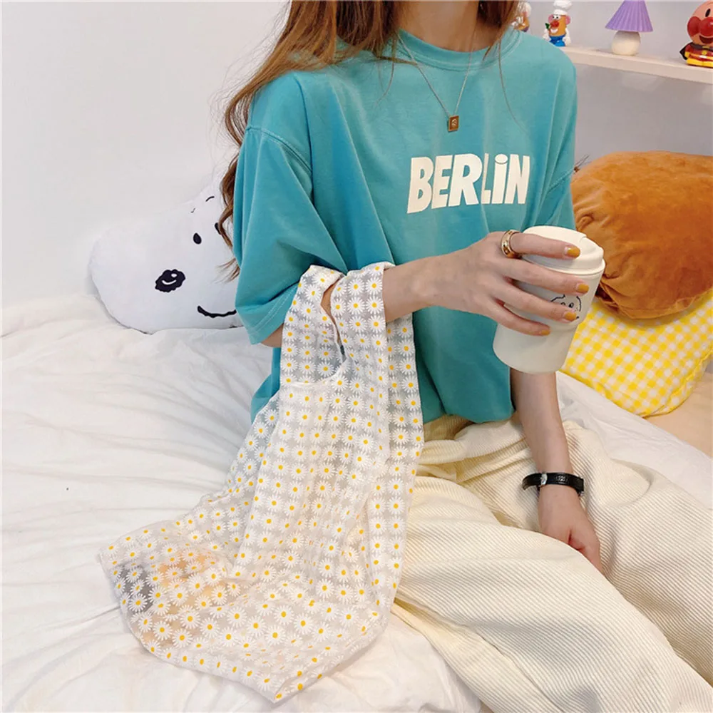 Women Foldable Recycle Reusable Handbags Designer Mesh Embroidery Light Clear Organza Jelly Shopping Bag Flowers Tote Bag Travel