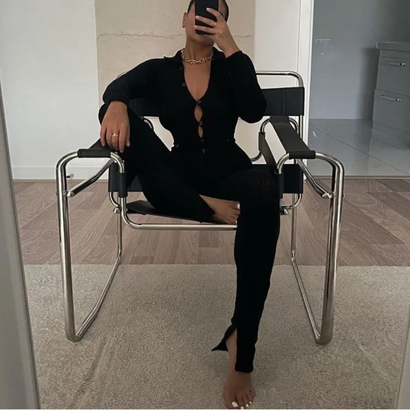 Buttons Up Women Jumpsuits  Fashion Long Sleeve Bodycon Solid Color Slim Jumpsuit Hollow Out Autumn Romper Overall Female