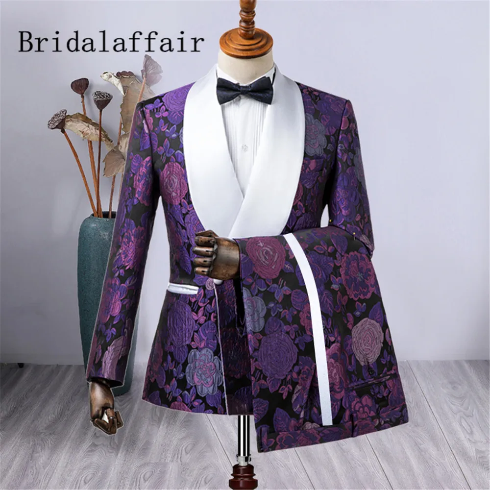 Bridalaffair 2021 Tailor-Made Groom Tuxedos Purple Floral Printed Men Suit Set For Wedding Mens Shawl Lapel Jacket Piping Pants